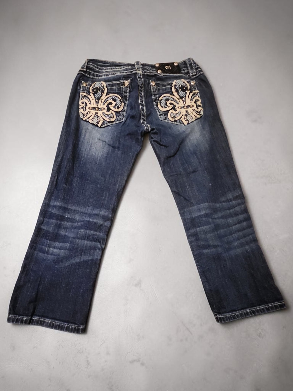 Miss Me Dark Blue Bootcut Jean capris with Embroidered Fleur-de-Lis Pockets